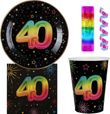 Produktbild von 40. Geburtstag Einweggeschirr bunt Partyset Party Geschirr Pappteller Pappbecher Servietten