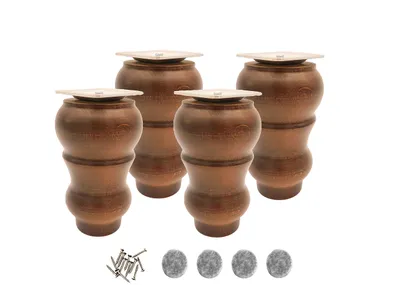 Four wooden furniture legs with white square plates on top, and a set of screws and felt pads below, all on a white background.
