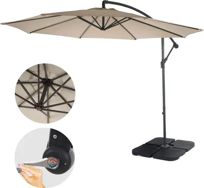 A cantilever umbrella with a sand-beige canopy and a black pole and base, shown against a white background. Close-up insets highlight the umbrella's internal mechanism and a crank handle.