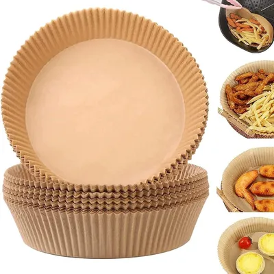 Produktbild von Airfryer Einweg-Backpapier 50er-Set –Küchenfritteusenzubehör 16 cm, antihaft, 220°C hitzebeständig, biologisch abbaubar  – Braun
