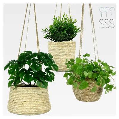 Produktbild von 3er Set hängende Blumentöpfe - Hängekörbe für Pflanzen, Boho Deko oder Aufbewahrungskörbe 17-20 cm