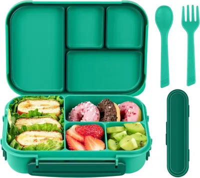 Image de Amathley Boîte à pain pour enfants Bento Box 1200ml Lunchbox 4 compartiments Couverts Vert