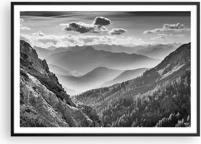 Produktbild von Gerahmtes Poster - Schwarzer Rahmen - Schwarzweiß Landschaft Berge - 100x70 cm - Wand Bild - Wanddeko - Wandbilder - Kunstposter - Wandposter - Bilderrahmen - Bilder - Kunstdruck - P2BAA100x70-4560