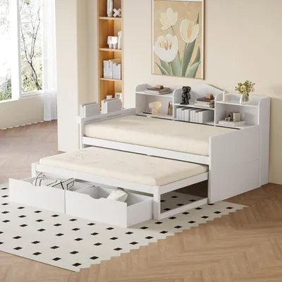 Obrázok produktu pre Rozkladacia pohovka 90x200 cm, s USB portom, s zásuvkami, s úložným priestorom, s odkladacími plochami, s výťahovacou posteľou, biela