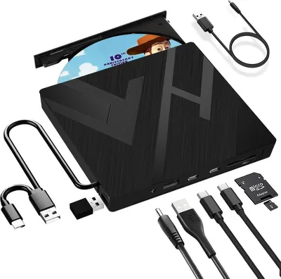 Produktbild von Externe DVD/CD Brenner 6-in-1 USB 3.0 & Type-C – 8x DVD 24x CD, Plug & Play