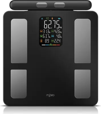 A black digital scale with a display screen showing body composition data.