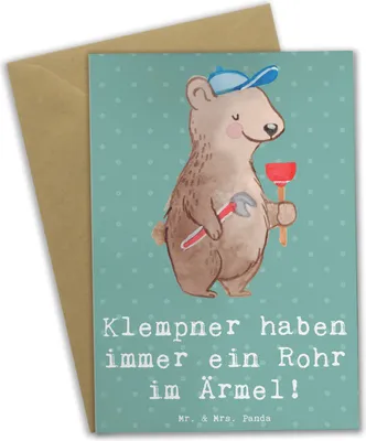 Produktbild von Mr. & Mrs. Panda Glückwunschkarte Klempner Helden - Meeresbrise - Geschenk, Berufe, osterkarte, Beruf, einladungskarten, Grußkarten, Geschenkidee, babykarte, Berufsliebe