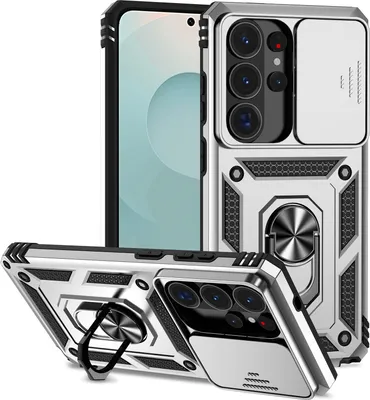 Immagine prodotto di Custodia per Samsung Galaxy S26 Ultra Custodia a doppio strato con copertura scorrevole per fotocamera e supporto ad anello Argento