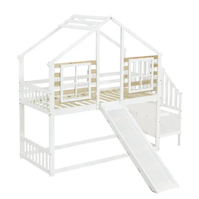 Produktbild von Merax Etagenbett 90x200 cm mit Rutsche, Gitter & Fenster, Blockhaus Kinderbett aus Massivholz mit Treppe,, sicheres Spielbett, Weiß