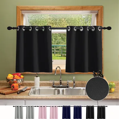 A kitchen scene with black curtains hanging over a window above a sink. The curtains are shown in a lifestyle setting, suggesting their use in a kitchen or dining area. A row of different colored curtains is displayed at the bottom of the image.