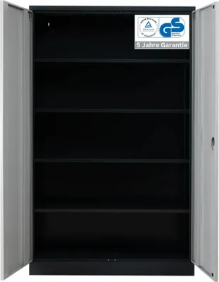 Produktbild von Stahlschrank BEE mit 7 lackierten Fachböden | HxBxT 195x92x60cm | Korpusfarbe Anthrazit, Frontfarbe Lichtgrau | Werkstattschrank Werkzeugschrank Aktenschrank Universalschrank