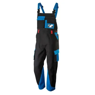 A pair of black and blue work overalls.