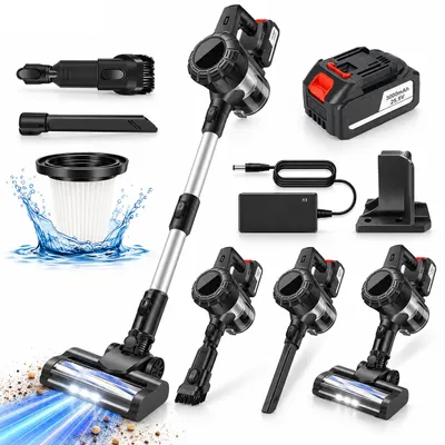 Produktbild von Akku Staubsauger Kabellos 30000Pa, 2 in 1 Stielstaubsauger und Handstaubsauger, 30 Min Laufzeit, mit LED-Bodendüse, Zubehör für Hartböden, Teppiche