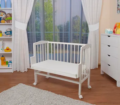 Produktbild von Waldin Baby Beistellbett mit Matratze, Buche massiv, verstellbar,Weiß lackiert