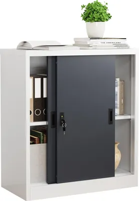 Image de Armoire de bureau en métal H. 90 x W. 80 x T. 40 cm / Meuble de bureau pour dossier / Armoire en acier verrouillable / Armoire de porte coulissante Malivo 2 compartiment avec portes coulissantes