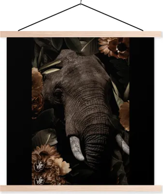 Produktbild von MuchoWow® Textilposter Elefant - Tiere - Blumen - Blätter 120x120 cm mit holzfarbenen Rahmen - Textil-Poster