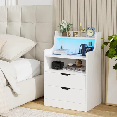 Produktbild von Nachttisch LED mit Steckdose,Nightstand mit 2 Schubladen und offenem Ablagefach,Smart Nachtschrank Bettschrank, Kommode für Schlafzimmer 45x35x72.5cm