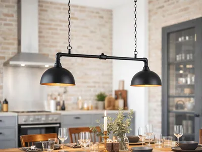 Produktbild von LED Pendelleuchte 2-flammig Industrial Style Schwarz Gold, Rohrlampe Breite 87cm