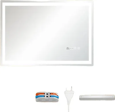 Obrázek produktu pro Koupelnové zrcadlo, integrované hodiny, stmívatelné LED osvětlení, 80 x 60 cm