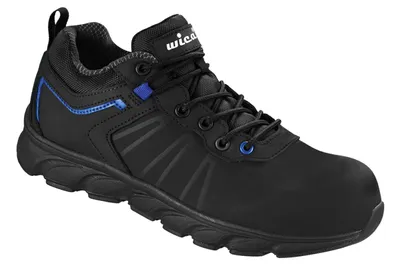 A black safety shoe with blue accents against a white background.