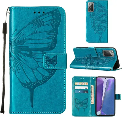 Produktbild von Galaxy Note 20 4G Hülle, Schmetterling Prägung Flip Leder Kartenfächer Schutzhülle Ledertasche mit Ständer für Samsung Galaxy Note 20 4G / 5G Blau