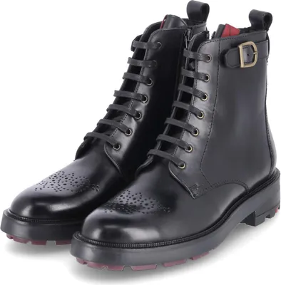 A pair of black leather lace-up boots with a buckle detail.