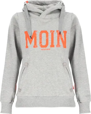Produktbild von Salzhaut Damen Hoodie Sünn mit Moin-Print - Modischer Kapuzenpullover mit Kapuze mit Kordelband in Grey-Melange-Neon-Red Größe XL