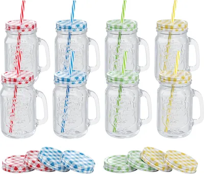 Produktbild von Trinkgläser bunt mit Deckel 500ml + Ersatzdeckeln