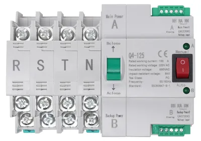 Immagine prodotto di Mini commutatore automatico di trasferimento - Commutatore di rete per due alimentazioni - 4 poli 100 A - 220 V - 50/60 Hz - Tensione di isolamento 690 V