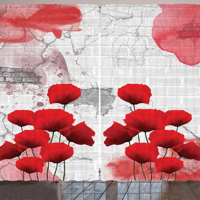 Produktbild von ARANDE Mohnblume Gardine, Blühende ländliche Feld-vibrierende Blüte auf verwittertem Backsteinmauer-Hintergrund, 280 x 245 cm, Kokosnuss Grau Rot