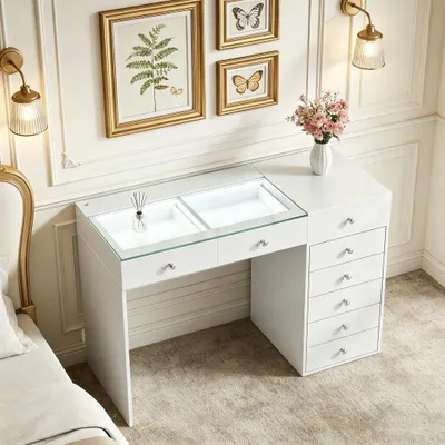 Image de VANITII Coiffeuse LED éclairage 8 Tiroirs Blanc 120 x 81 x 55 cm, Blanc