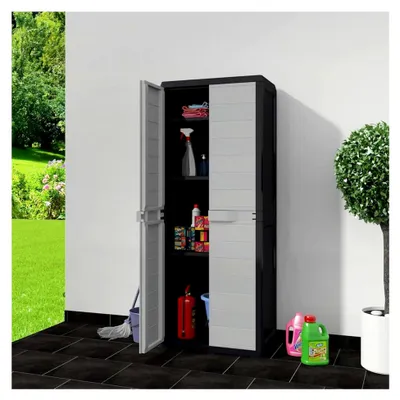 Produktbild von Gartenschrank aus Polypropylen Schwarz/Grau 65x38x171cm - Aufbewahrung für Werkzeuge und Haushaltsgegenstände