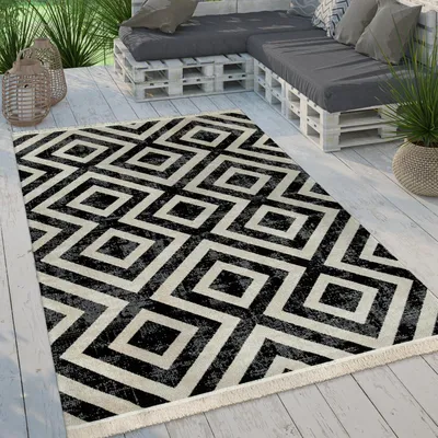 Produktbild von Moderner Outdoor Teppich Rauten-Muster Vintage-Look Flachgewebe Wetterfest Grösse 160 cm Rund
