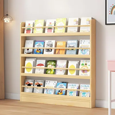 Image de Étagère murale pour enfants, bibliothèque en bois, dimensions 90x10x120 cm, couleur bois naturelle