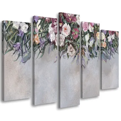 Produktbild von 5-teiliges leinwandbild überwucherte blumen 100x70 cm Feeby silber wandbild bereit zum aufhängen