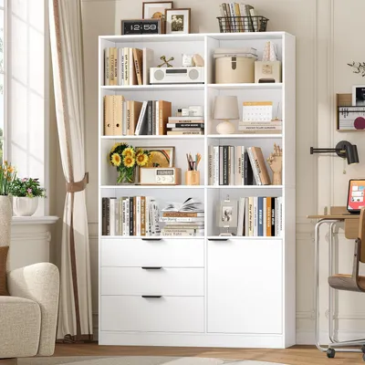 Produktbild von Bücherregal Weiß 180,5 cm Hoch mit 3 Schubladen und Türen für Wohnzimmer, Arbeitszimmer, Büro, Schlafzimmer 103 x 180,5 cm