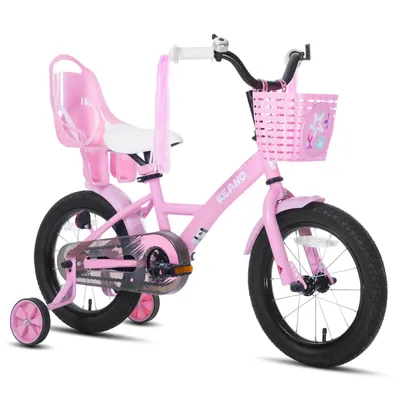 Produktbild von Joystar 14 Zoll Mädchenfahrrad mit Puppensitz und Korb, Kinderfahrrad mit Stützräder, Luftschlangen, vollständigem Kettenschutz, Schutzblechen
