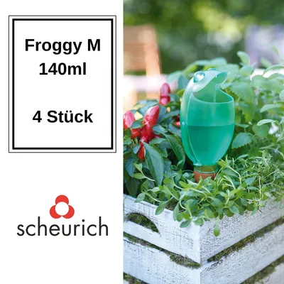 Obrázok produktu pre Scheurich, dávkovač vody Froggy M | 4 kusy, zelená | objem 140 ml | malá zavlažovacia guľa s hlinenou základňou | dávkovač vody pre rastliny a kvety, terakota