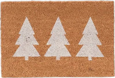 Image de Tapis d'entrée Relaxdays en fibre de coco, motif sapins, 60 x 40 cm, antidérapant, résistant aux intempéries, pour l'intérieur et l'extérieur, paillasson, naturel/blanc