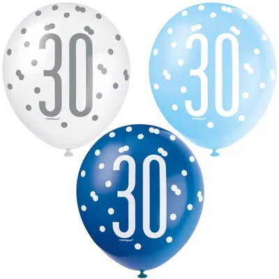 Produktbild von 6 Luftballons blau & silber Zahl 30