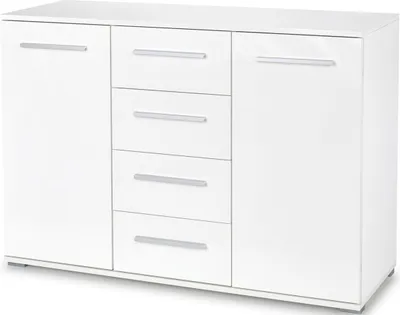 A white sideboard with drawers and doors.