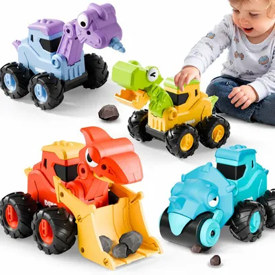 Produktbild von Dinosaurier Auto Spielzeug, Dino Baustellenfahrzeug für Kinder, Aufzieh Auto ohne Batterie, Kleinkind Fahrzeug ab 18 Monaten, Geschenk für Jungen und Mädchen