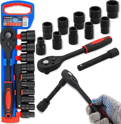 Zdjęcie produktu dla FORSAGE 1/2" Zestaw kluczy nasadowych 12-częściowy z grzechotką i przedłużką 10-24 mm