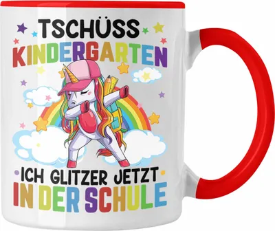 Produktbild von Trendation - Tschüss Kinderkarten Ich Glitzer In Der Grundschule Tasse Geschenk zur Einschulung Erster Schultag (Rot)