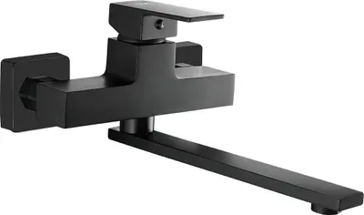 A black wall-mounted kitchen faucet with a movable spout.