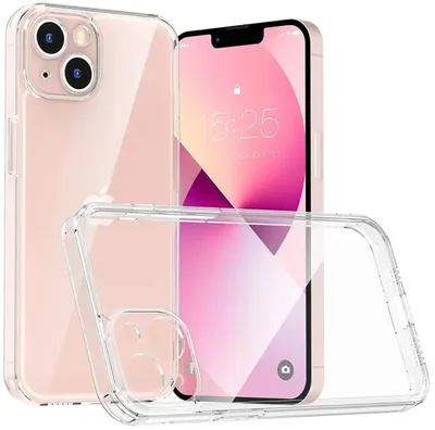 A clear phone case is shown in front of a pink iPhone.