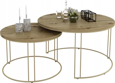 Zdjęcie produktu dla Zestaw Okrągłych Stolików Kawowych 2w1 Salon Loft Złoty+Dąb Artisan