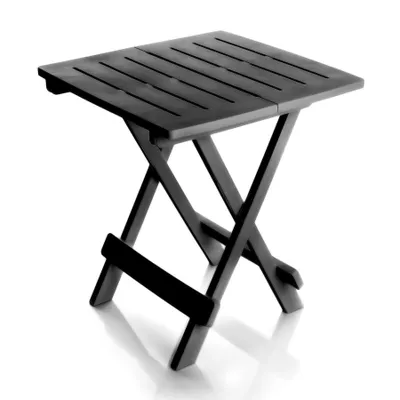 A small, dark-colored folding table with a slatted top and X-shaped legs, shown against a white background.