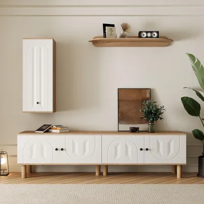Produktbild von Merax Wandmöbel-Set, 3-tlg., TV-Schrank, Highboard und Wandboard, Wohnwand mit geschnitzte Türen, modernes Wohnzimmermöbel Weiß und Holz