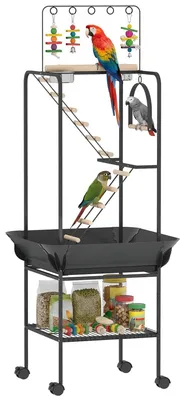 Image de Cage à oiseaux avec aire de jeux - Support pour oiseaux - Roulettes - Échelles et balançoire - Protège-graines - Tiroir coulissant - Acier, 63x63x163 cm - Gris foncé